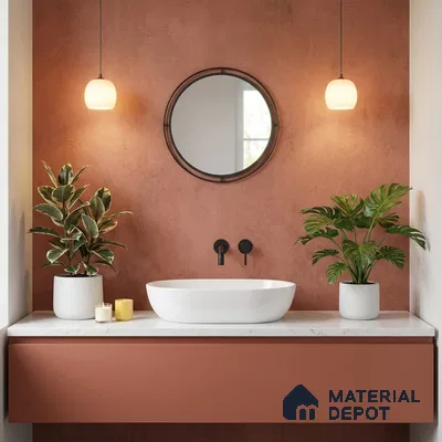 Minimalist bathroom with terracotta wall, matte terracotta vanity, and white marble countertop