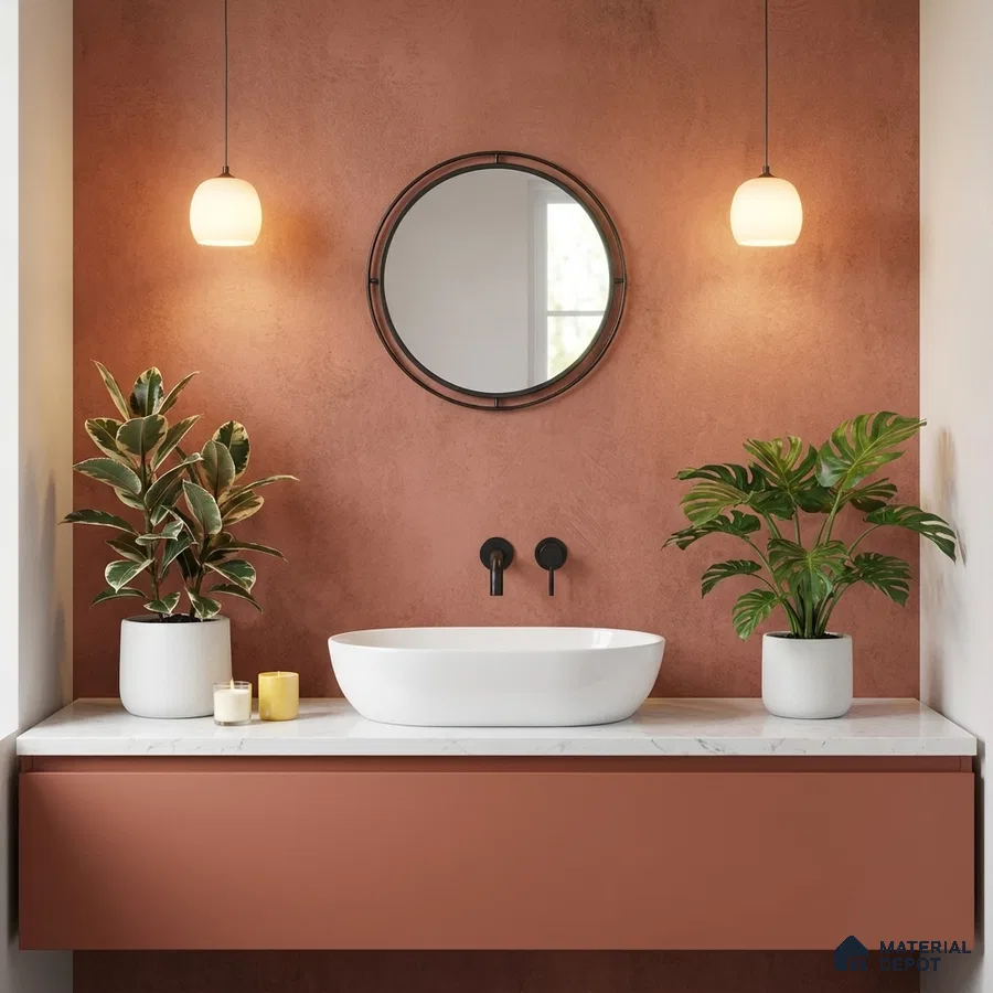 Minimalist bathroom with terracotta wall, matte terracotta vanity, and white marble countertop