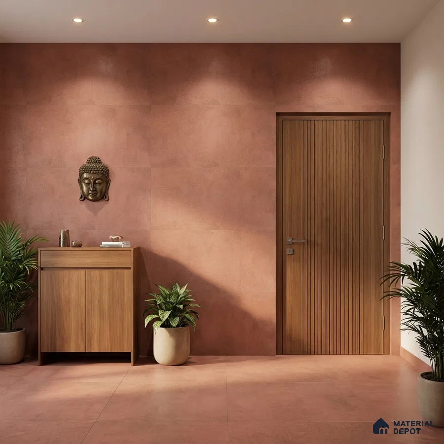 Minimalist foyer with terracotta wall tiles and walnut wood laminate console