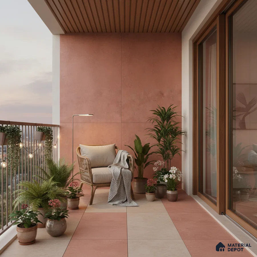 Scandinavian balcony with terracotta wall tiles, beige and terracotta floor tiles, and wooden ceiling panels