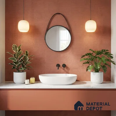 Modern bathroom with terracotta textured wall tile and white marble countertop