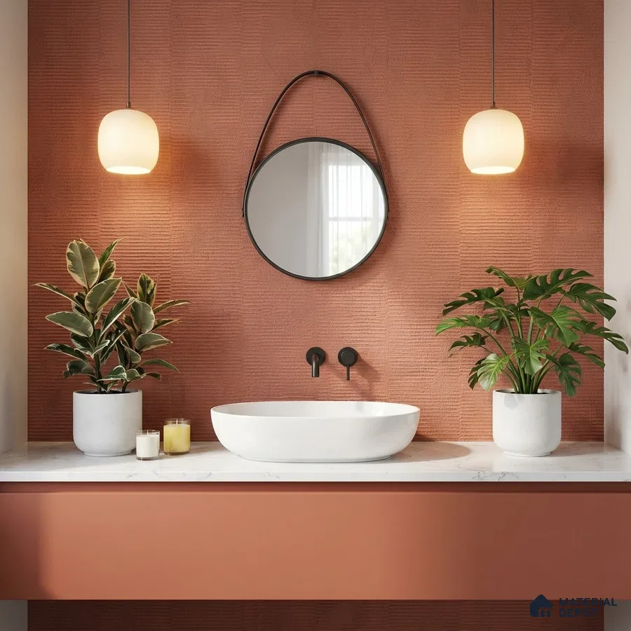 Modern bathroom with terracotta textured wall tile and white marble countertop