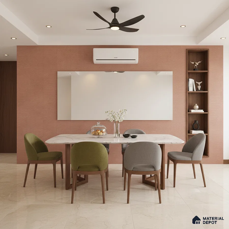 Modern dining room with marble tabletop, beige floor tiles, and textured terracotta wall panel