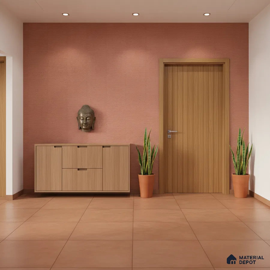 Minimalist foyer with terracotta floor tiles, light oak laminate console, and textured peach wallpaper