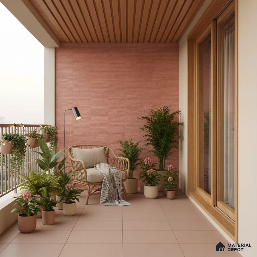 Scandinavian balcony with blush pink wall tiles, matte pink floor tiles, and wooden ceiling panels