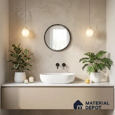 Minimalist bathroom with beige matte vanity, white marble countertop, and stone-look wall tile