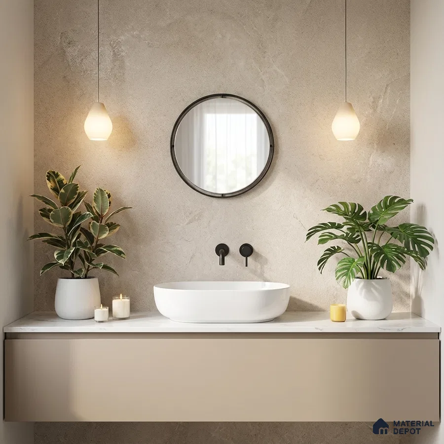 Minimalist bathroom with beige matte vanity, white marble countertop, and stone-look wall tile