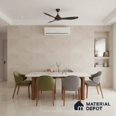 Minimalist dining room with beige marble-look tiles and white marble dining table
