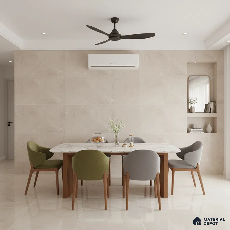 Minimalist dining room with beige marble-look tiles and white marble dining table