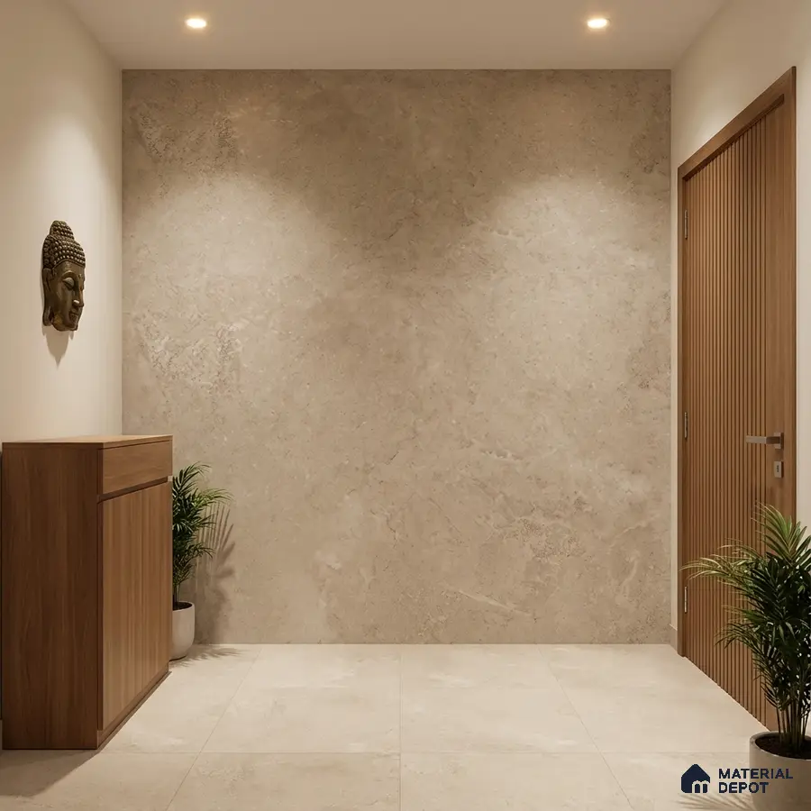 Minimalist foyer with beige stone wall tiles, wooden laminate console, and light beige floor tiles