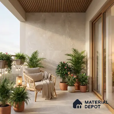 Scandinavian balcony with beige stone wall tiles, wooden louver ceiling, and neutral floor tiles