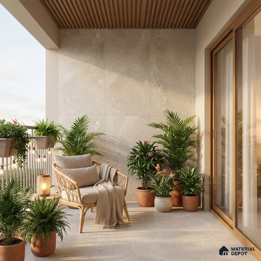 Scandinavian balcony with beige stone wall tiles, wooden louver ceiling, and neutral floor tiles