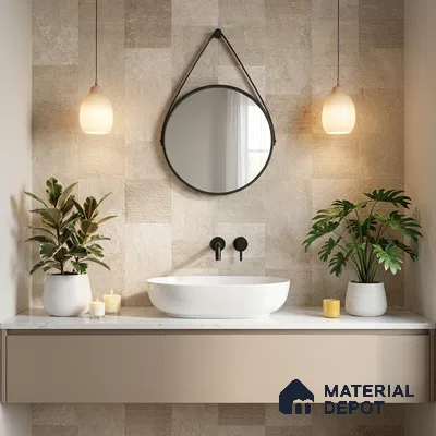Minimalist bathroom with beige stone wall tiles and white marble countertop