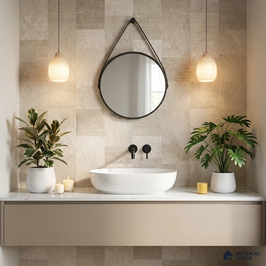 Minimalist bathroom with beige stone wall tiles and white marble countertop