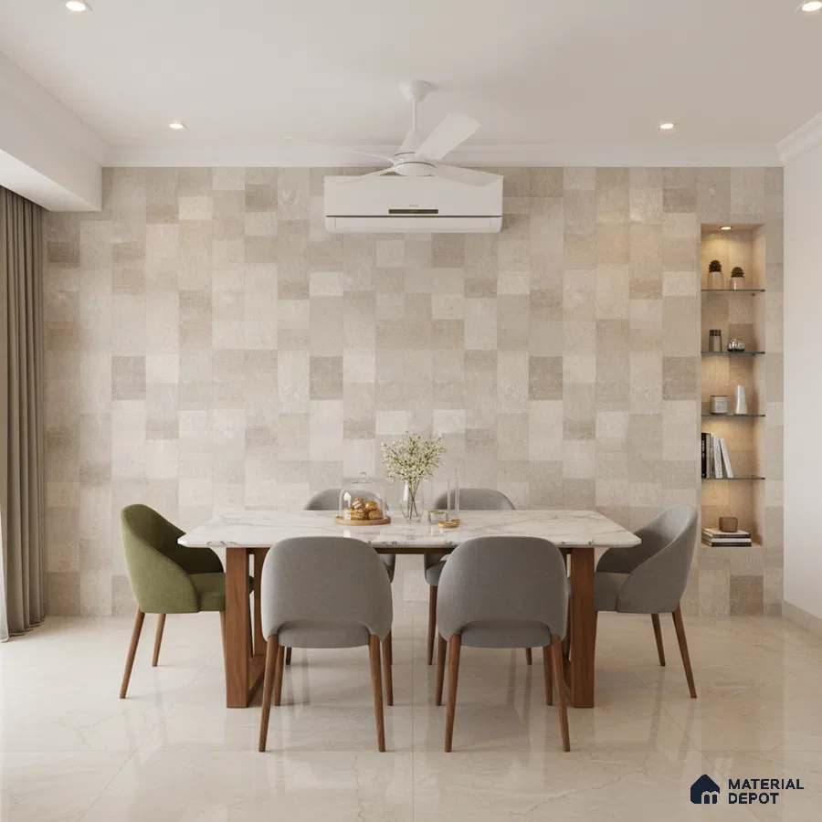 Modern dining room with beige stone look wall tiles and white marble dining table
