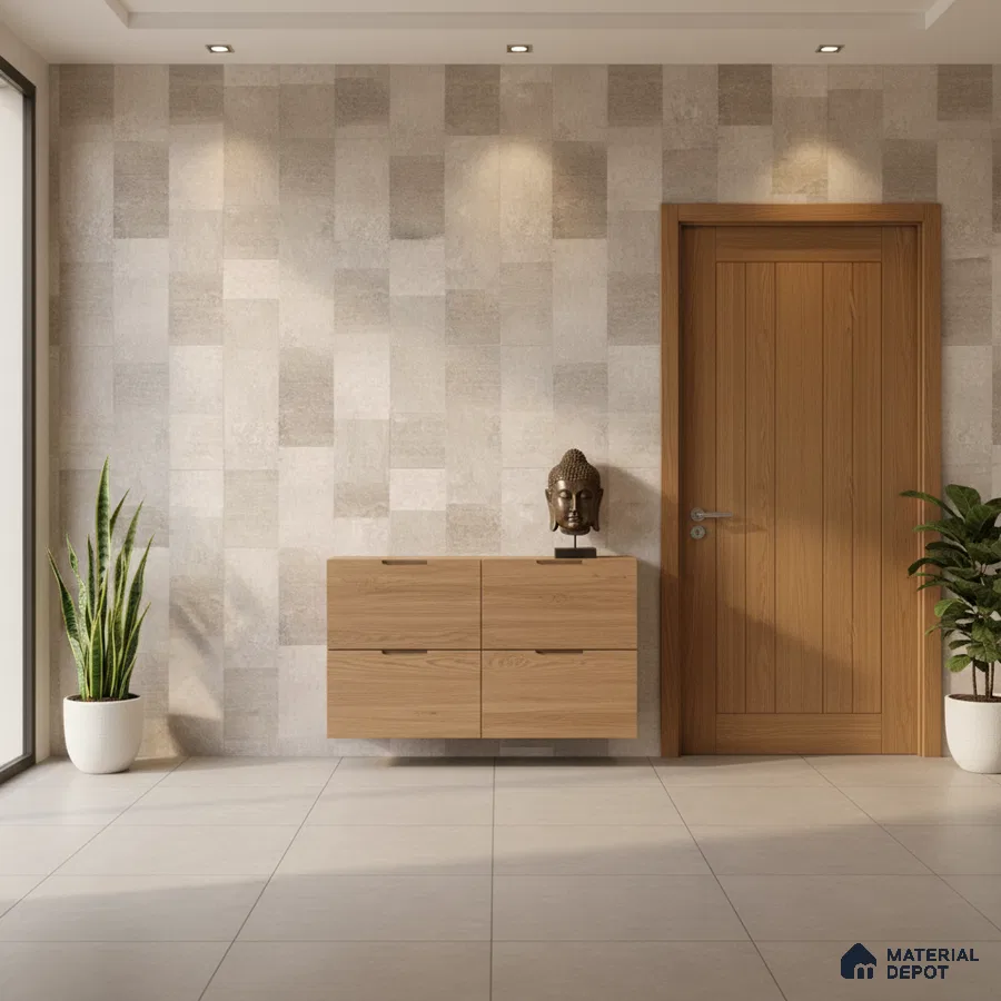 Minimalist foyer with beige textured wall tiles and light oak laminate console