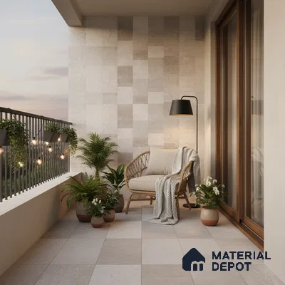 Scandinavian balcony with beige stone look wall tiles and neutral ceramic floor tiles