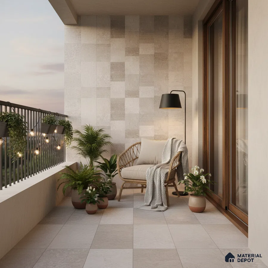 Scandinavian balcony with beige stone look wall tiles and neutral ceramic floor tiles
