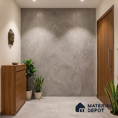 Minimalist foyer with grey stone wall tiles, wooden laminate shoe cabinet, and vertical wood louver door