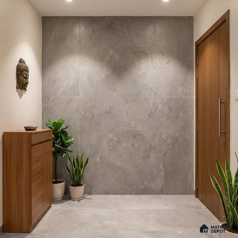 Minimalist foyer with grey stone wall tiles, wooden laminate shoe cabinet, and vertical wood louver door