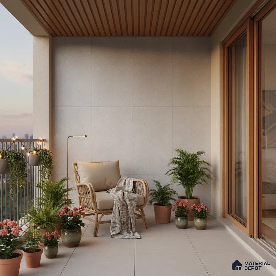Scandinavian balcony with beige floor tiles, light wood ceiling louvers, and neutral wall tiles