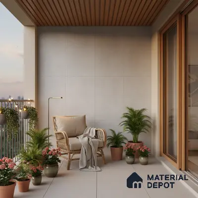 Scandinavian balcony with beige floor tiles, light wood ceiling louvers, and neutral wall tiles