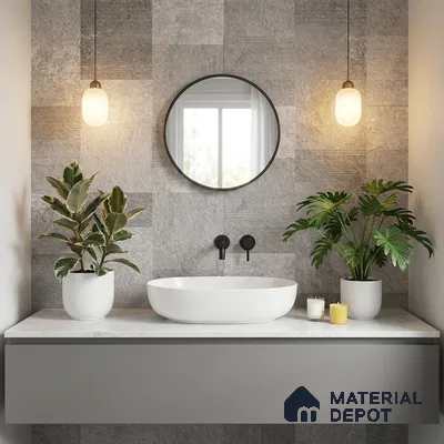 Minimalist bathroom with grey stone wall tiles and white marble countertop