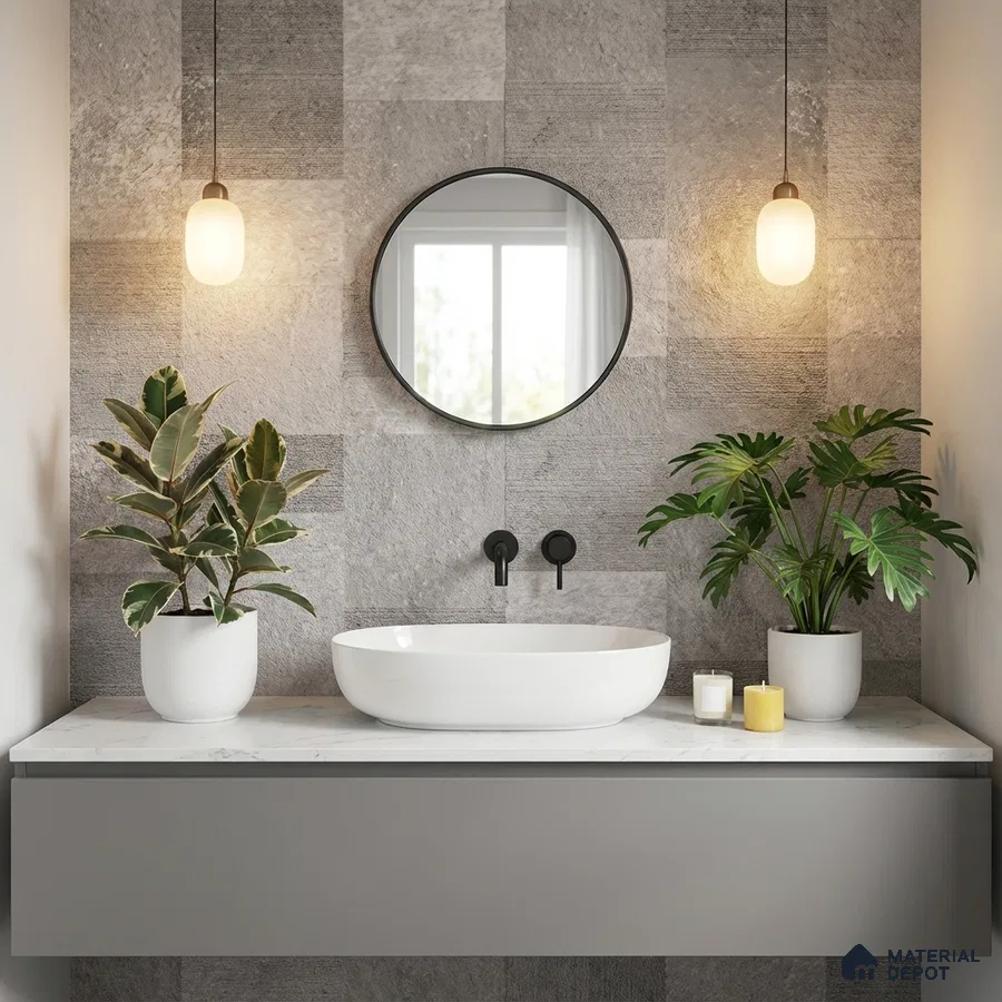 Minimalist bathroom with grey stone wall tiles and white marble countertop