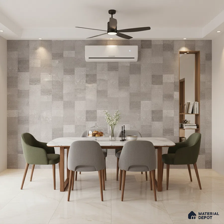 Modern dining room with grey textured wall tiles and marble look floor tiles