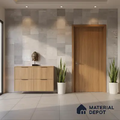 Modern foyer with light oak laminate console, grey stone wall tiles, and large format beige floor tiles