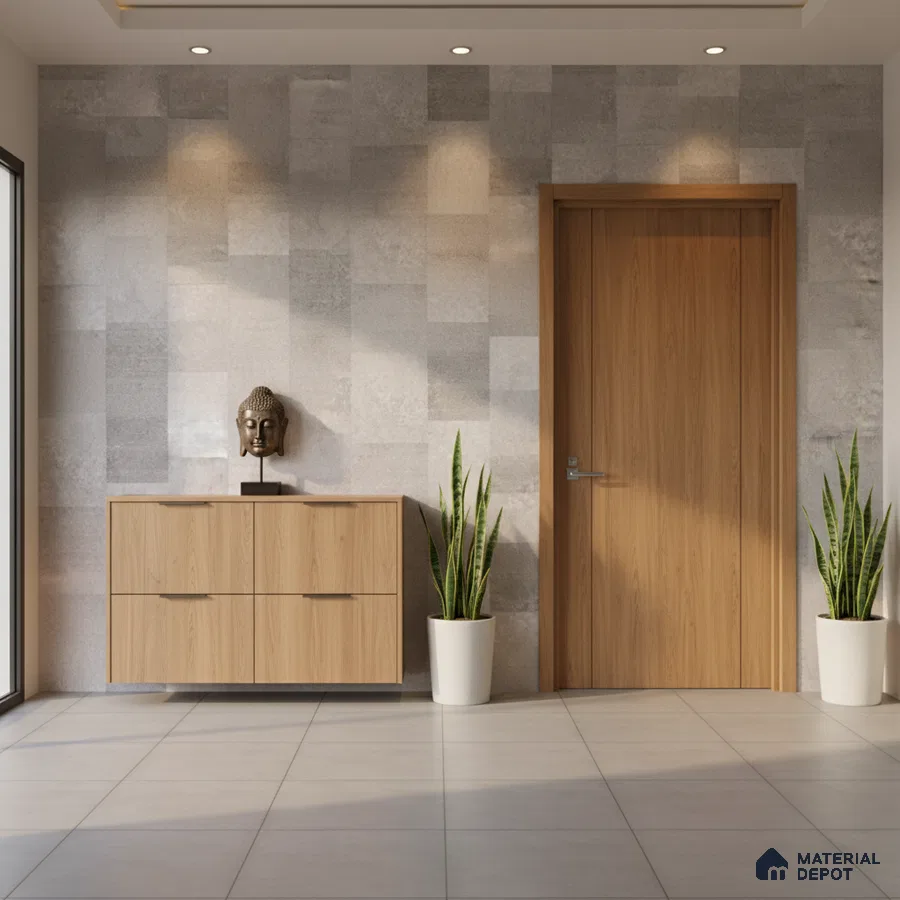 Modern foyer with light oak laminate console, grey stone wall tiles, and large format beige floor tiles
