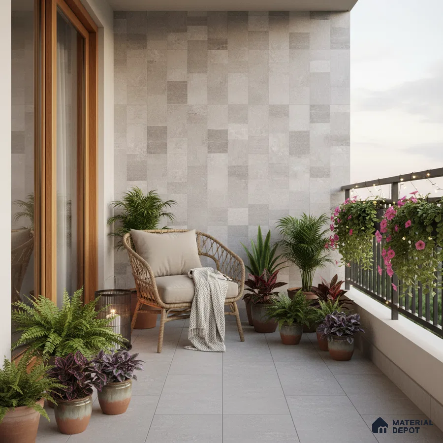 Scandinavian balcony with light grey stone wall tiles and matte grey floor tiles