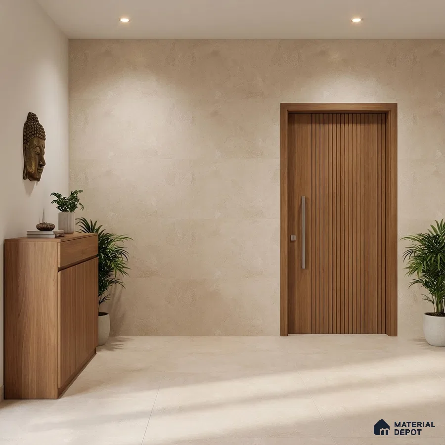 Minimalist foyer with beige stone wall tiles, wooden laminate door, and console
