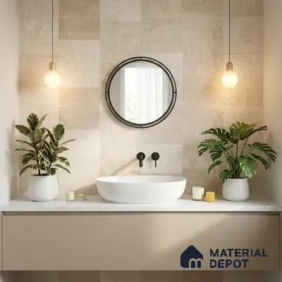 Minimalist bathroom with beige stone wall tiles and white marble countertop