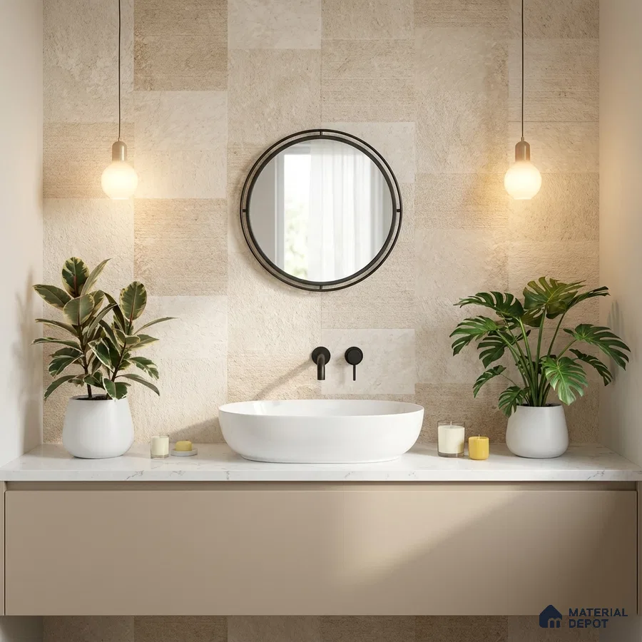 Minimalist bathroom with beige stone wall tiles and white marble countertop