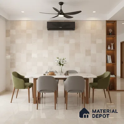 Modern dining room with beige textured wall tiles, marble dining table, and glossy beige floor tiles