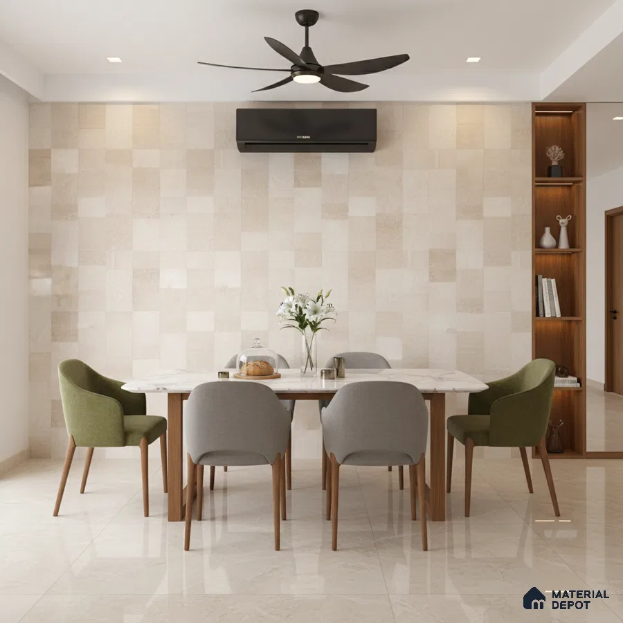 Modern dining room with beige textured wall tiles, marble dining table, and glossy beige floor tiles
