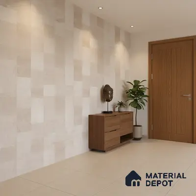 Minimalist foyer with beige textured wall tiles and walnut wood laminate console