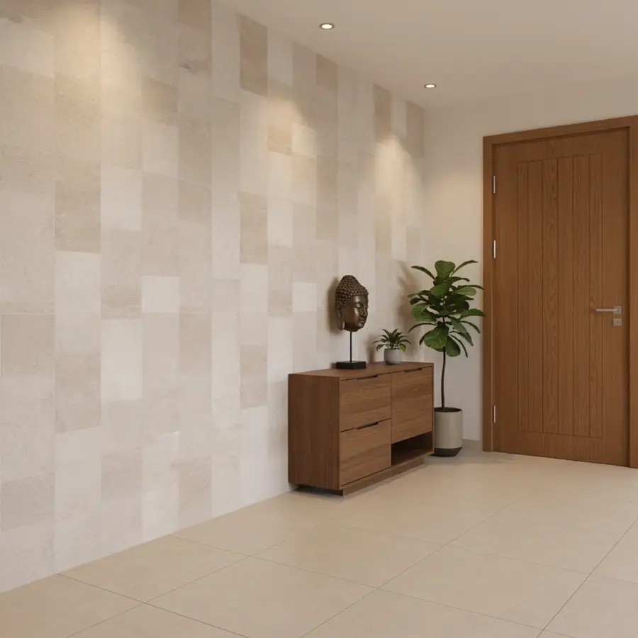 Minimalist foyer with beige textured wall tiles and walnut wood laminate console