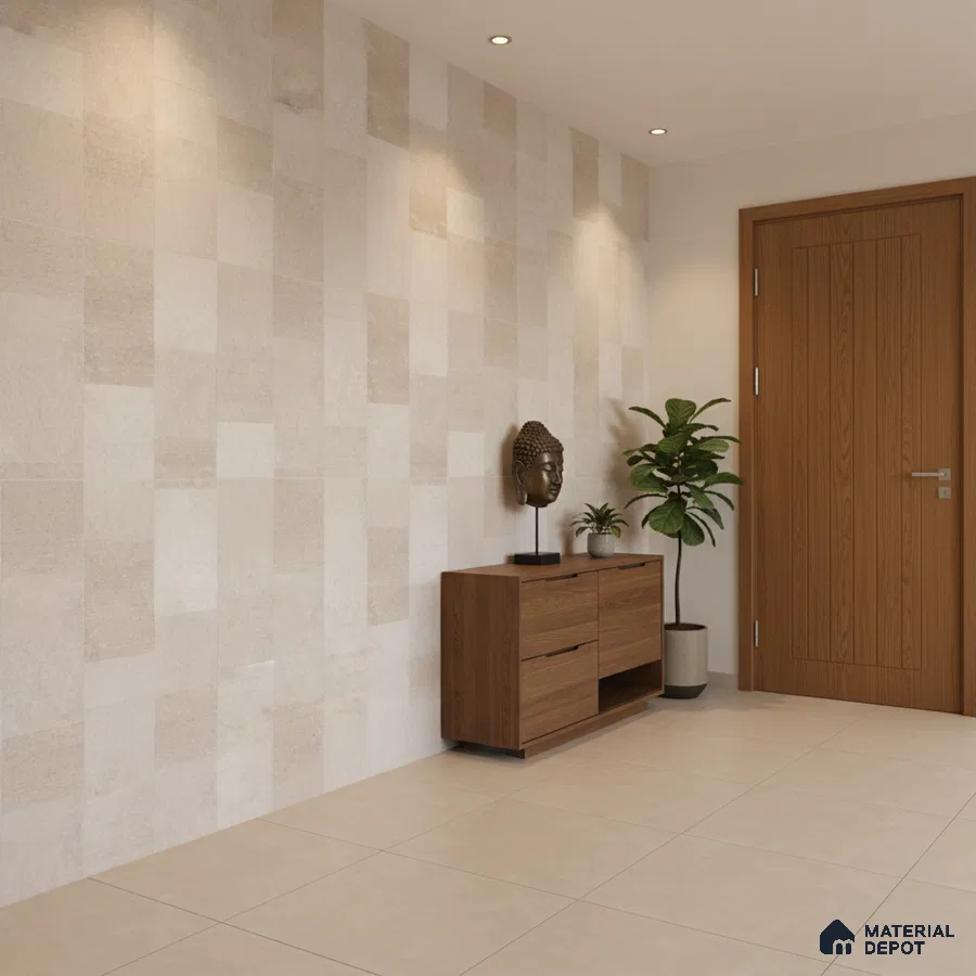 Minimalist foyer with beige textured wall tiles and walnut wood laminate console