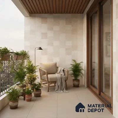 Scandinavian balcony with beige ceramic wall tiles, wooden ceiling louvers, and neutral floor tiles