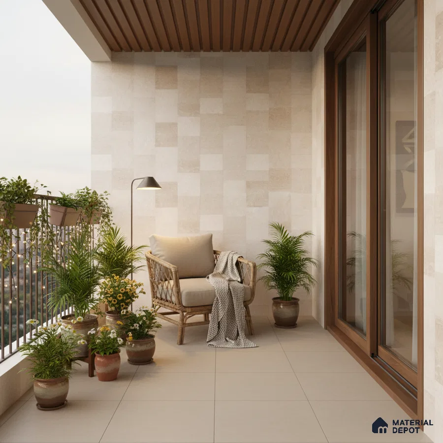 Scandinavian balcony with beige ceramic wall tiles, wooden ceiling louvers, and neutral floor tiles