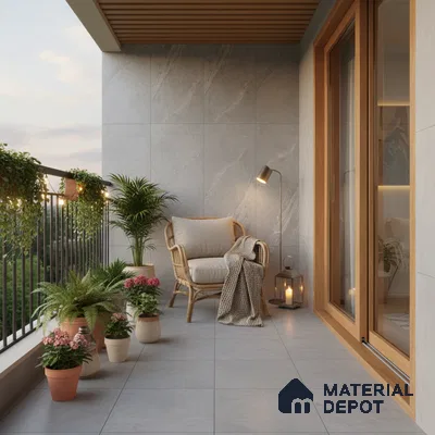 Scandinavian balcony with grey stone wall tiles, light grey floor tiles, and wooden ceiling louvers