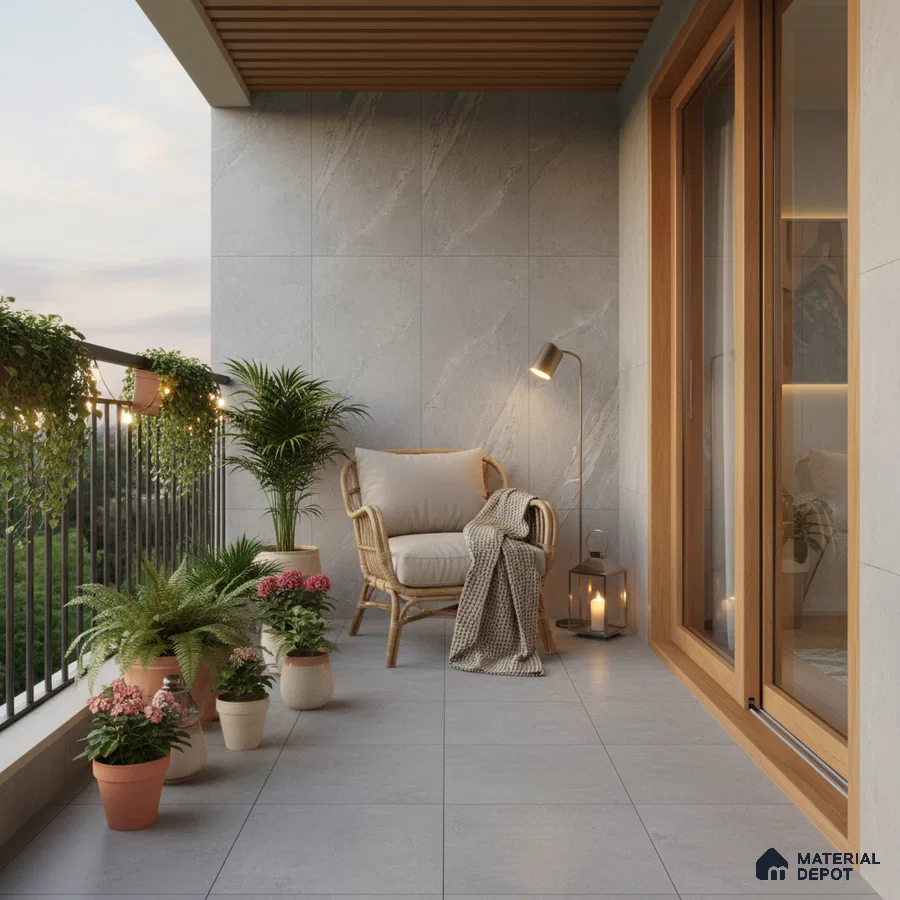 Scandinavian balcony with grey stone wall tiles, light grey floor tiles, and wooden ceiling louvers