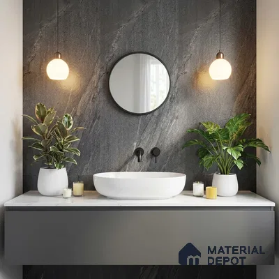 Minimalist bathroom with dark stone wall tile and white marble countertop