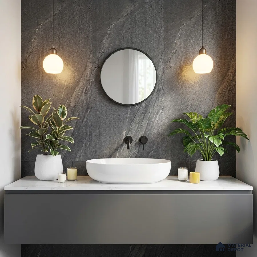 Minimalist bathroom with dark stone wall tile and white marble countertop