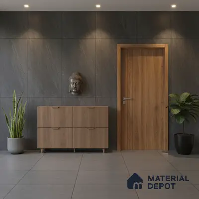Modern foyer with charcoal stone wall tiles, light oak laminate console, and grey floor tiles