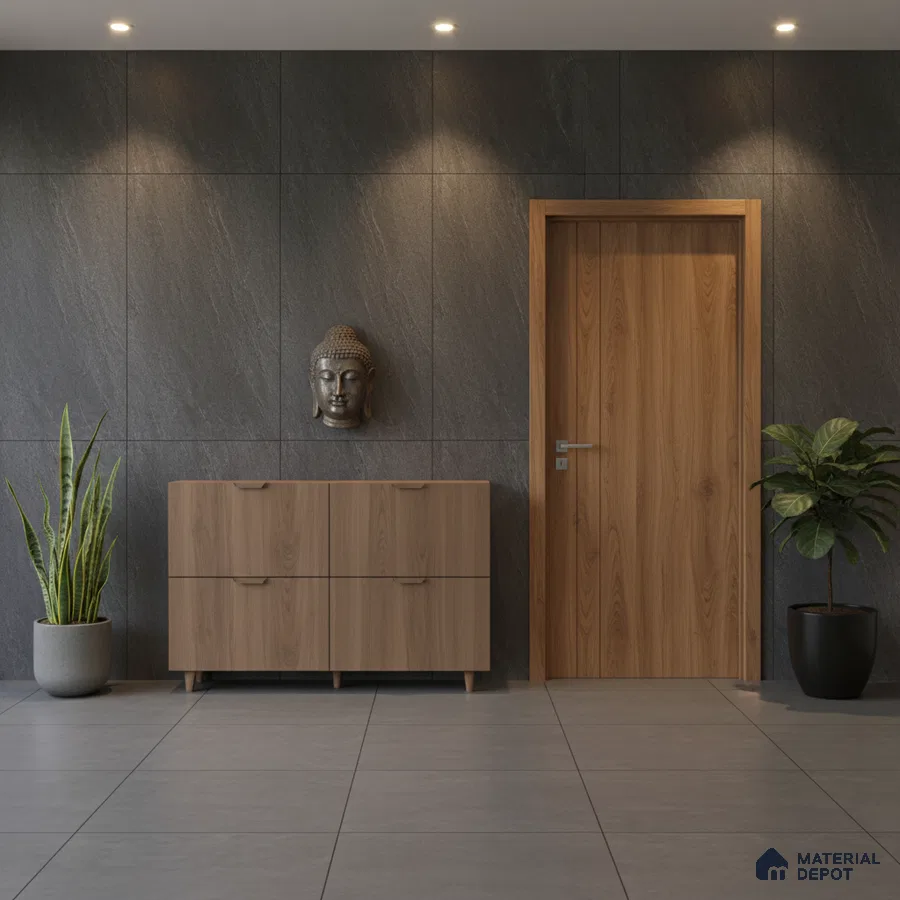 Modern foyer with charcoal stone wall tiles, light oak laminate console, and grey floor tiles