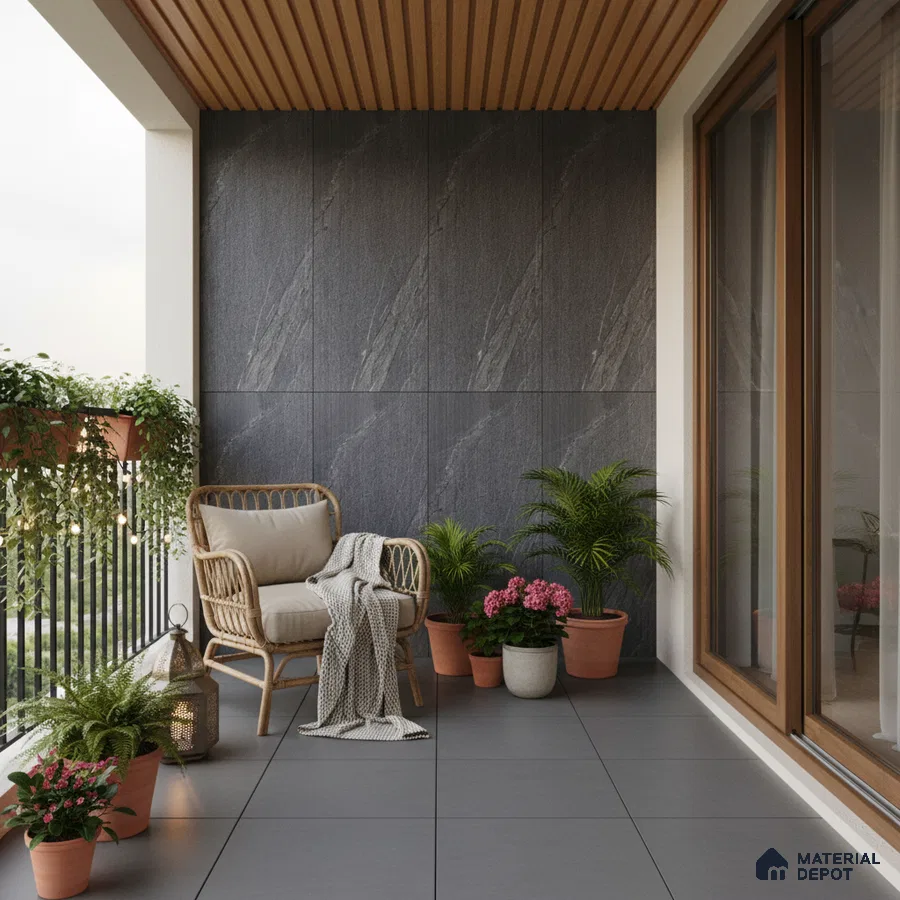 Scandinavian balcony with grey stone wall tiles, matte grey floor tiles, and wooden ceiling louvers