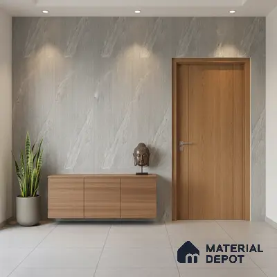 Minimalist foyer with light grey stone wall tiles and natural oak laminate console